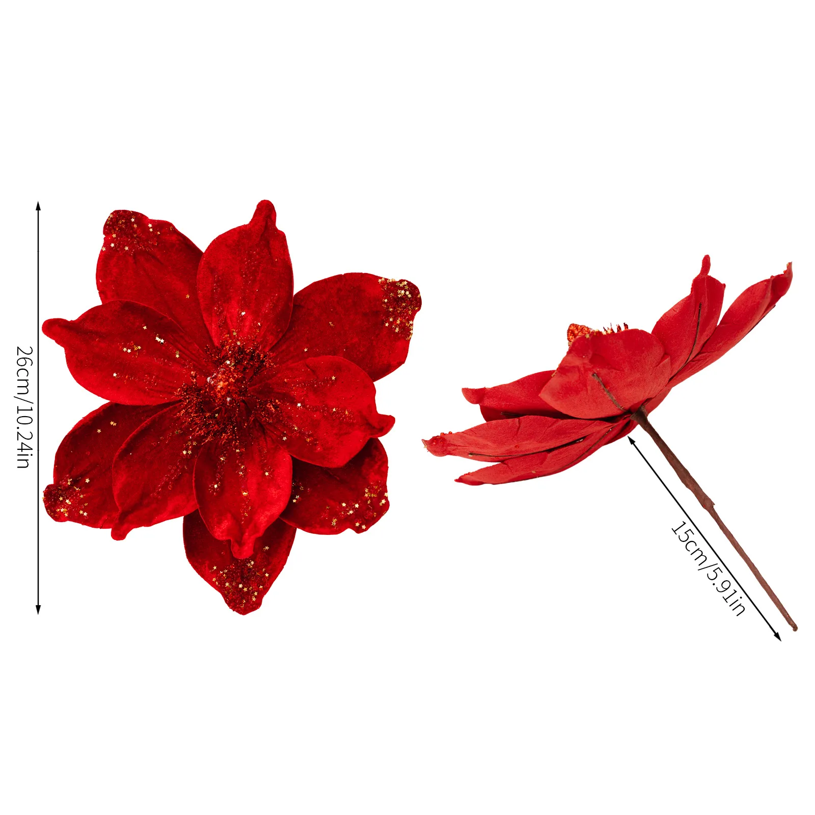 Gold Glitter Christmas Flower Decor - Flocked Fabric Holly Sprig with Glitter for Tree Wreath & Holiday Arrangements