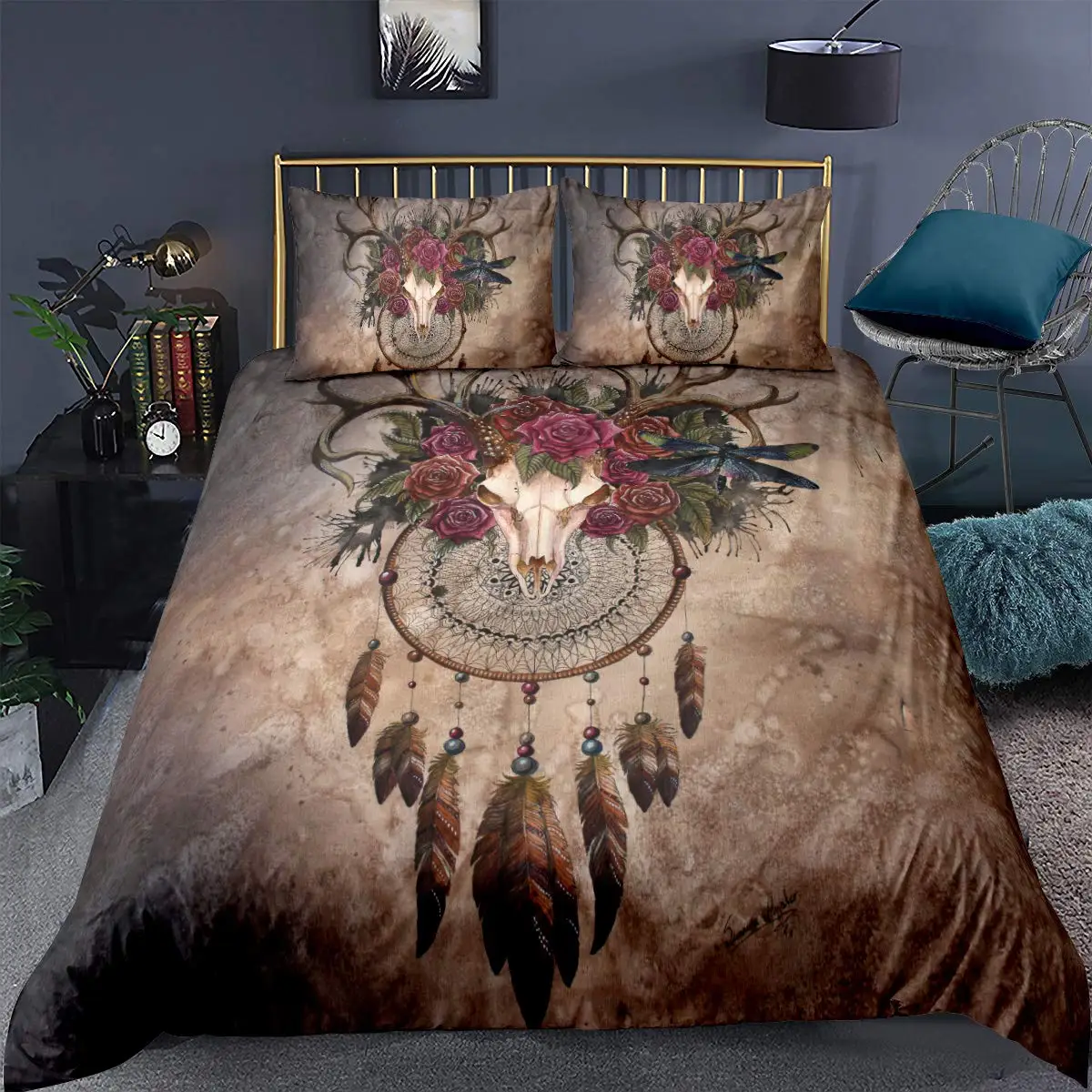 

Dream Catcher Duvet Cover, Ethnic Tribal Feather Rose Pattern Duvet Cover For Women, Exotic Bohemian Style Bedding