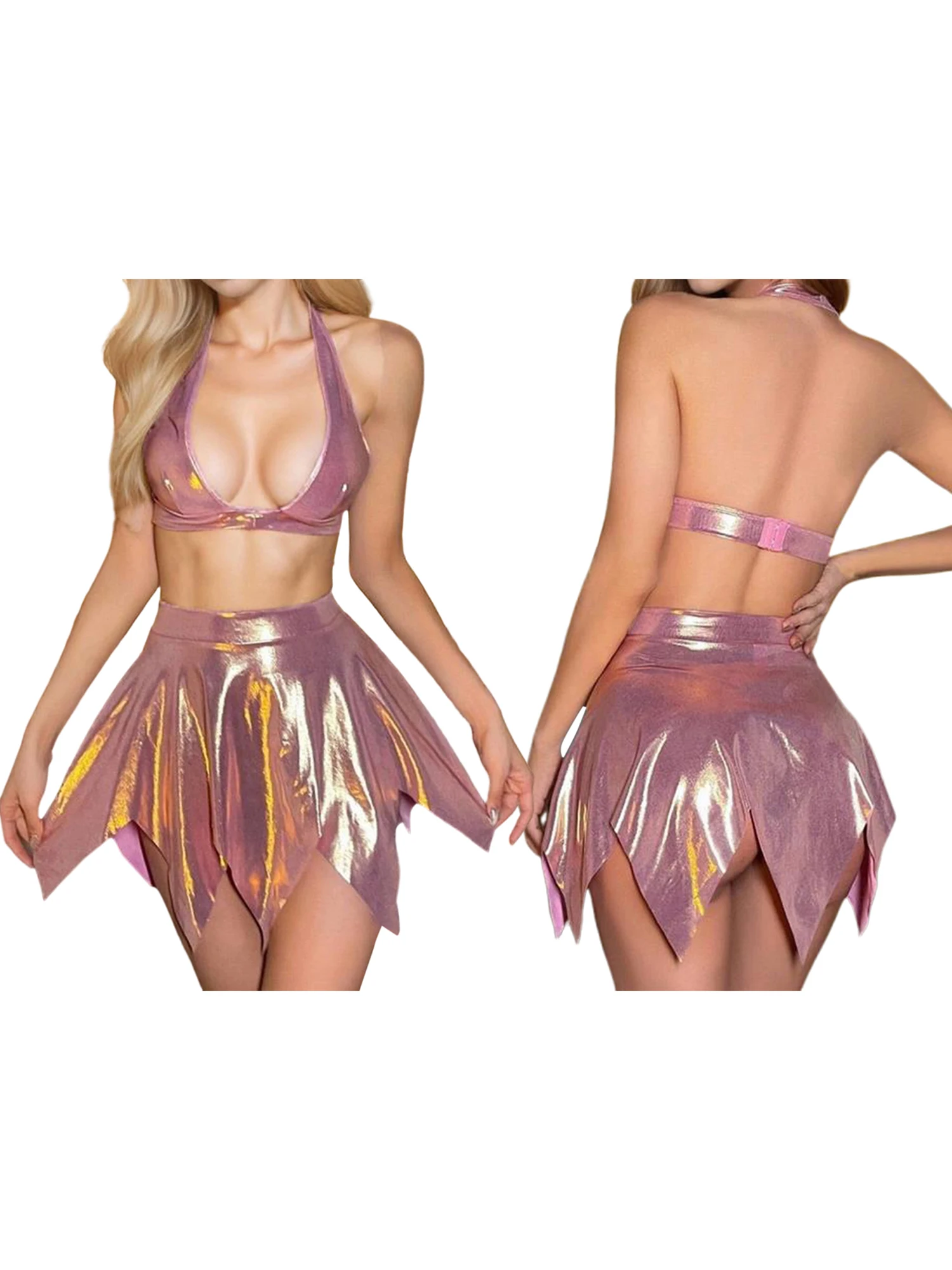 Women s Sexy Metallic Deep V Neck Tank Top and Skirt Set Lingerie Babydoll Sleepwear Ensemble for a Seductive Night