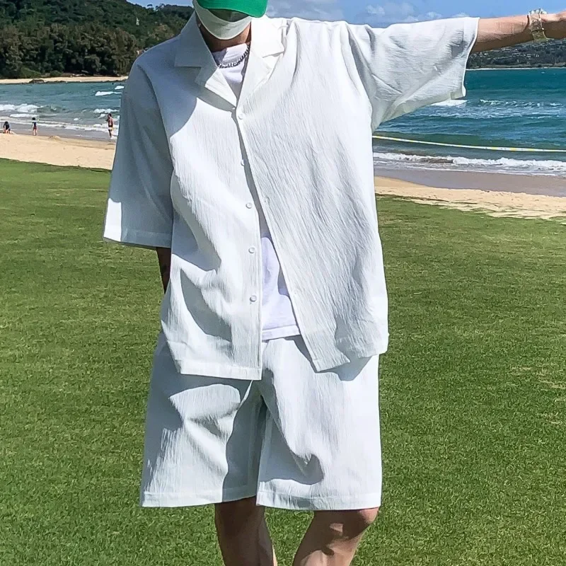 Summer 2 piece Mens Sets Matching Suit Jacket Shorts Oversized Solid Green White Black Fashion Streetwear Thin Leisure Suit