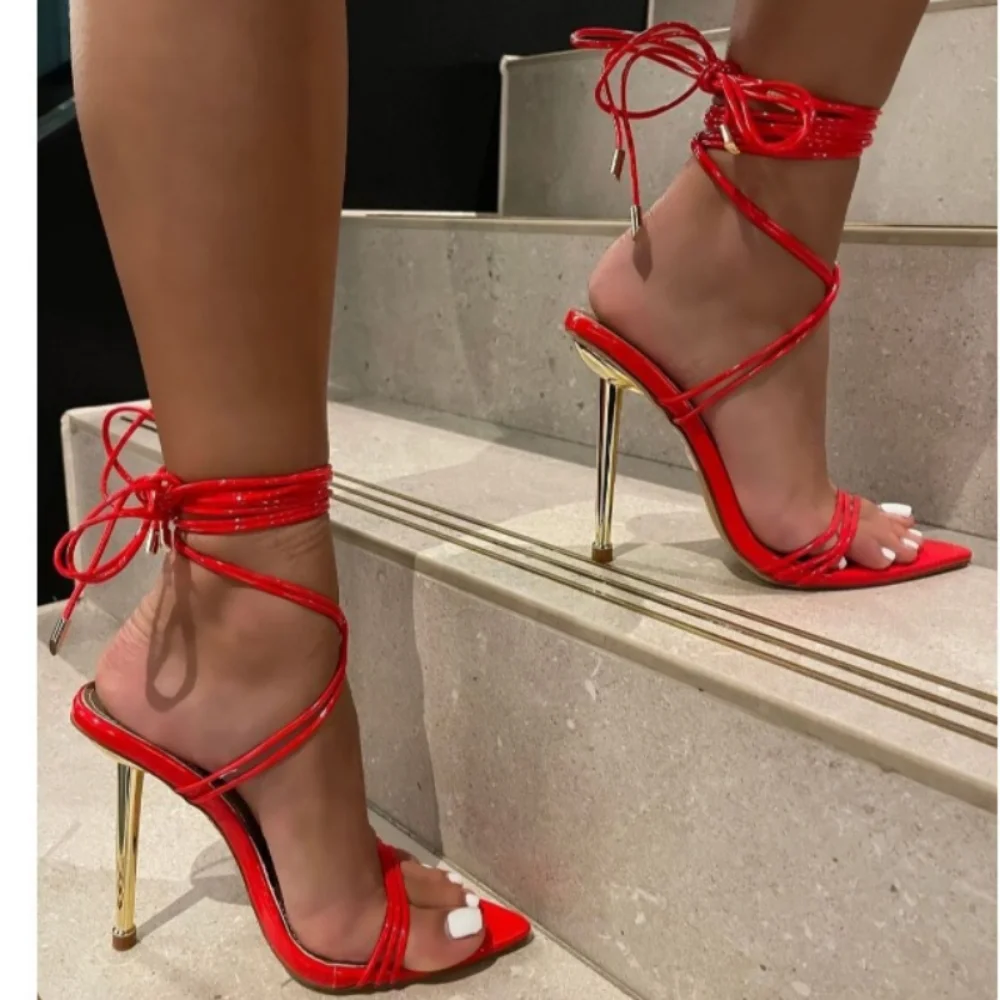 

Summer Gladiator Heels Sandals For Women Fashion Pointed Open Toe Lace-Up Stiletto Ladies Strappy Wedding Shoes Black Red