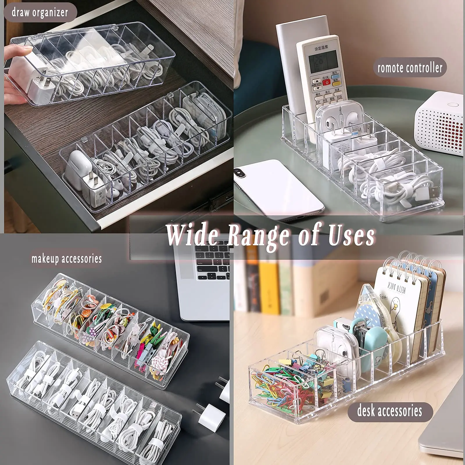 See-Through Charge Cable Organizer Box,Data Cable Management Box USB Cord  Sorter, Compact Cosmetics Organizer Box