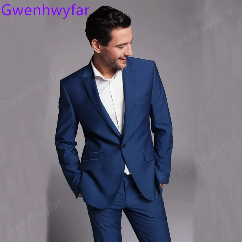 

Gwenhwyfar 2022 Fine Craft Trajes De Hombre Jacket and Pants Notch Lapel One Button Blue Wedding Man Suits Business Tuxedo