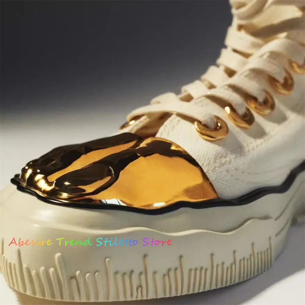 Gold Five Fingers Beige Sole Canvas Sneakers Cross Tied Women Shoes High Top New Trendy Banquet Runway 2024 Women Shoes