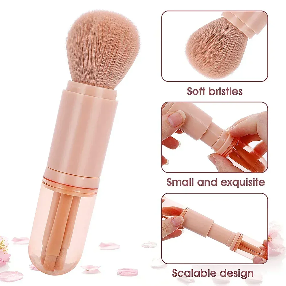 4in1 Travel Makeup Brushes Set Retractable Kabuki Brush and 3 Small Brushes For Eye With Soft Bistles Small Portable For Touchup
