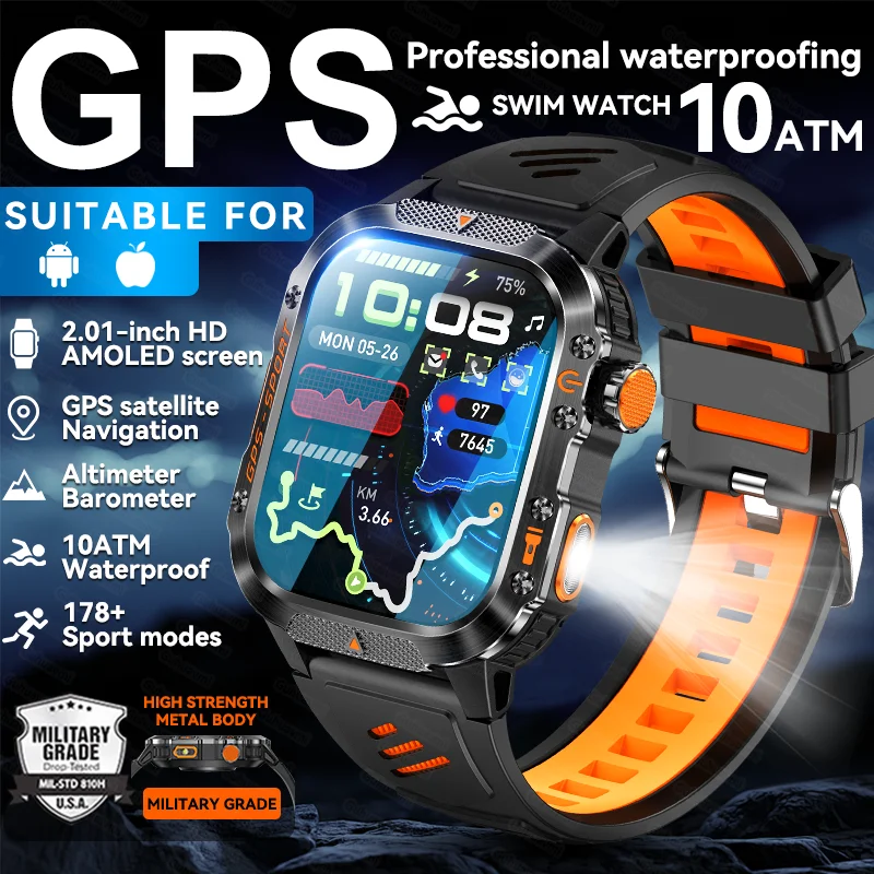 New Men GPS Military Smart Watch Altimeter 10ATM Waterproof 178+sport Mode Bluetooth Call 2.01-inch AMOLED HD T-Rex 3 Smartwatch