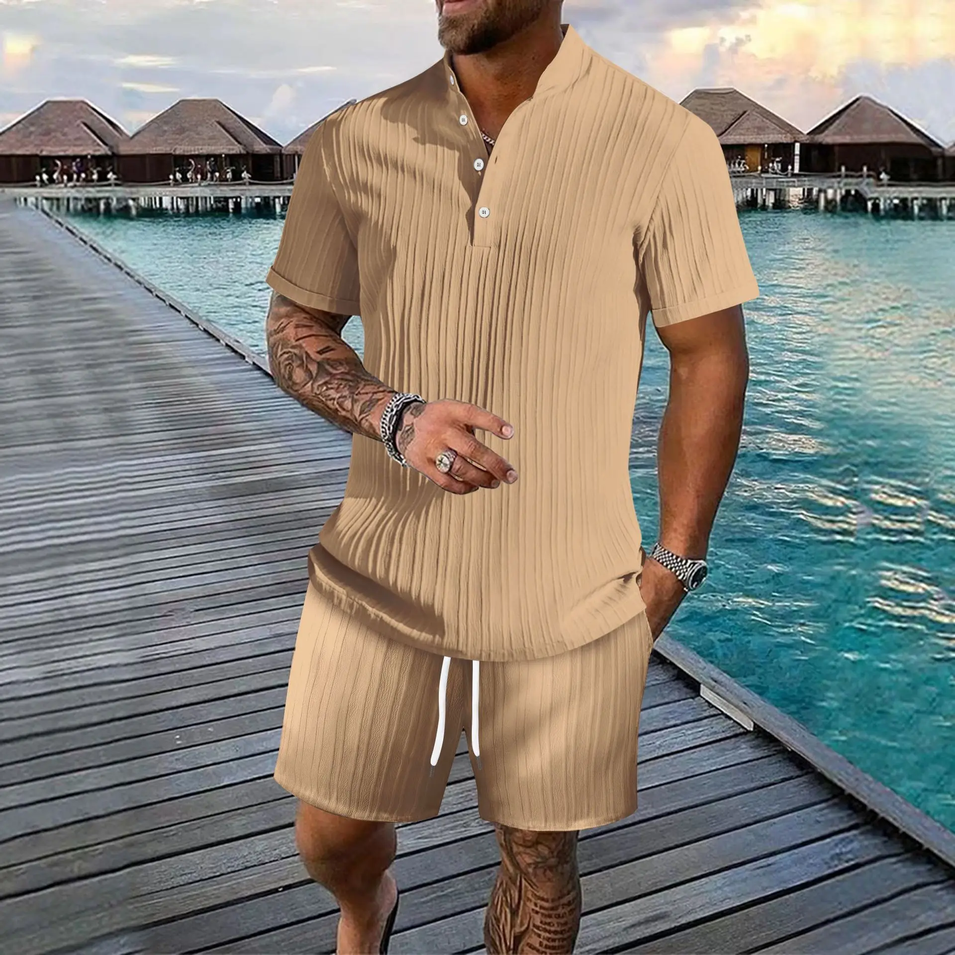 summer Amazon men Europe and the United States cross-border men's shirt casual loose short sleeve shorts beach suit 2