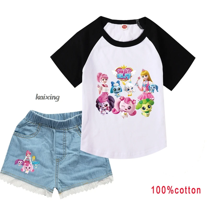 Lovely Catch Teenieping Children Outfits Summer Suits Jeans Shorts+Short Sleeve Tee Sweatshirt Clothes Teens Girl Tracksuit Sets 3