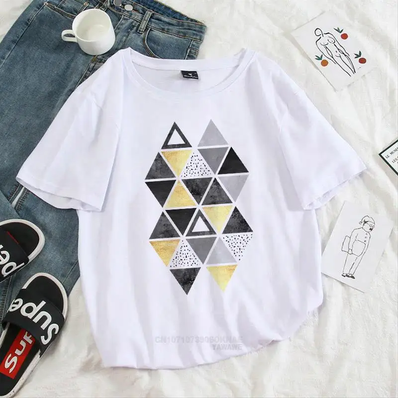 

Women T Shirt Fashion Summer Oversized Tops Geometry Graphic Short Sleeve Femme O-Neck White 90S Hipster Tee Plus Size Xxxl