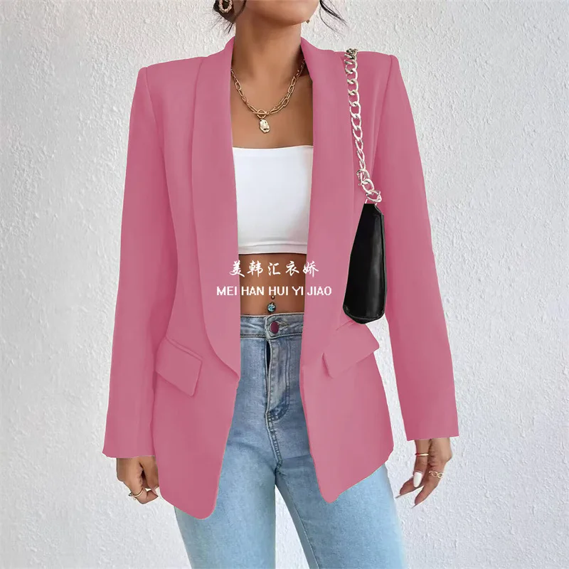 2024 Spring New Women Suit Fashion Korean Edition Slim Fit Suit Tie Pocket Womens Solid Office Commuter Long Sleeved Suit Jacket