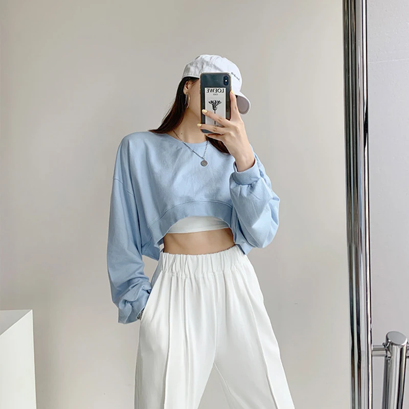 Korean Fashion Short Sweatshirts Women Sexy Solid Color Loose Crop Tops Woman Casual Streetwear Plus Size Pullovers Female 6