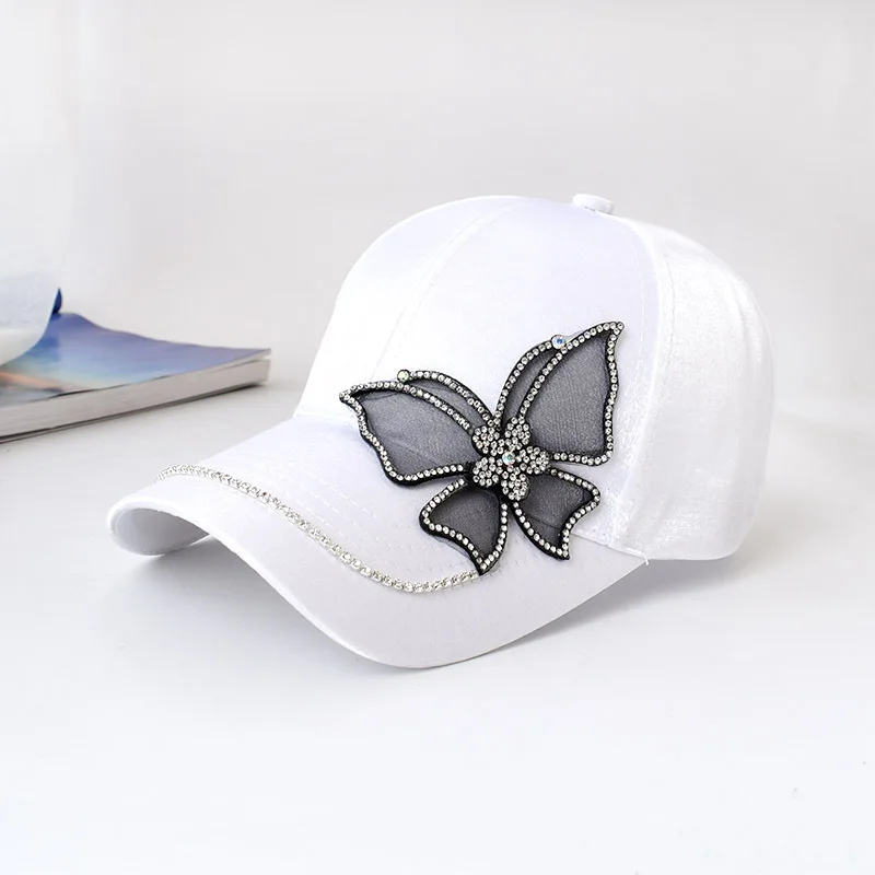 Fashion Butterfly Rhinestone Baseball Cap Women Summer Silk Satin Visor Sun Hat Leisure Adjustable Lady Snapback Cap