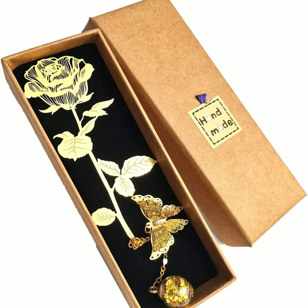 MetalGoldenRoseBookmarksGiftBoxFlowerBookmarkStudentStationery