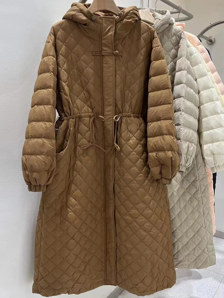 Korean style Women's Hooded long down jacket Warm 2023 Winter Fashion Adjustable waist Long sleeve puffer coat Clothes 3O287
