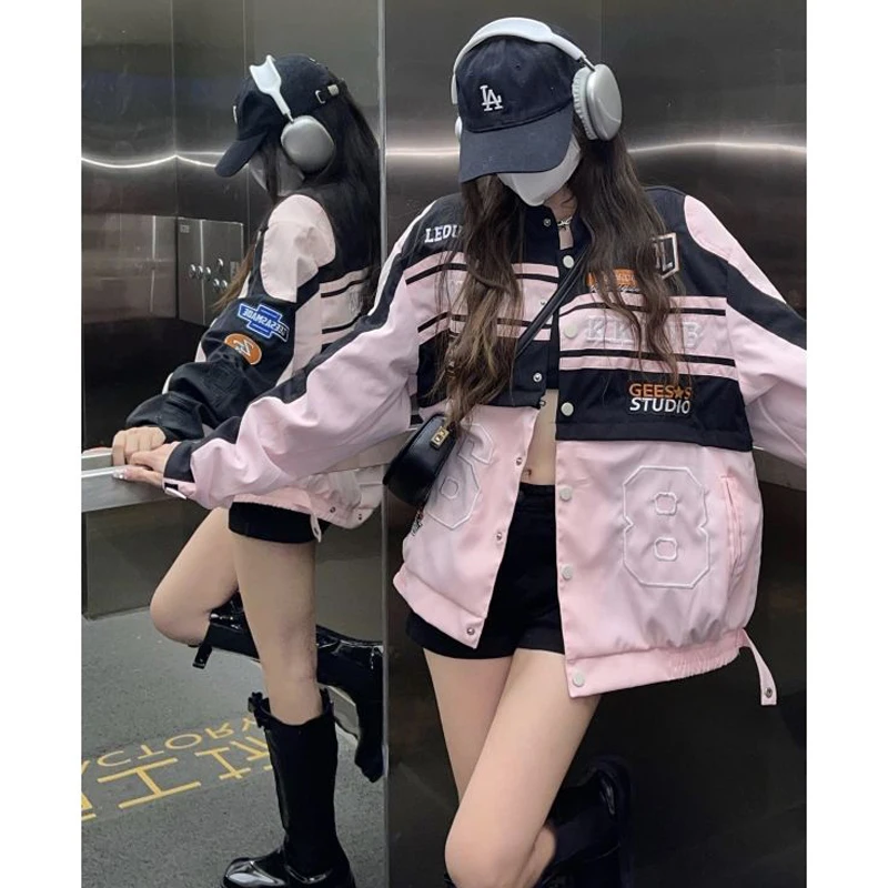 

Detachable Motorcycle Coat Women's Spring and Autumn Letter Loose Versatile Casual Racing Baseball Jersey