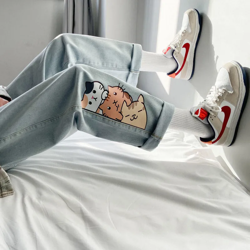 Harajuku Kawaii Jeans Summer Women Anime Print Long Trousers Cowboy Female Loose Denim Pants Cute Cartoon Cat Jeans Streetwear maternity pajamas set women nursing pyjamas homewear spring autumn cute breastfeeding clothes long sleeved pregnancy sleepwear