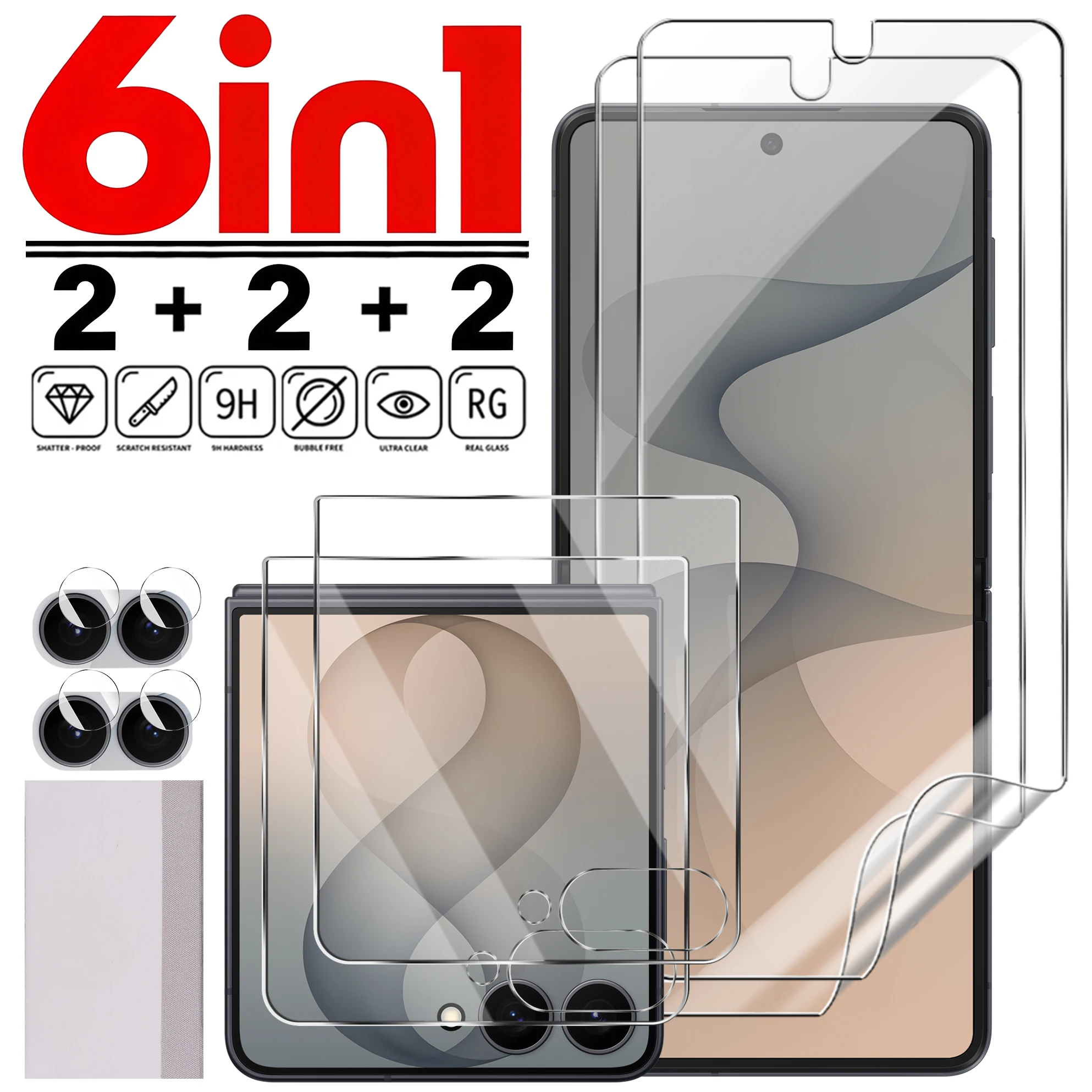 9-in-1 Flip8 Tempered Glass & Camera Lens Protection Kit with HD Soft Hydrogel Films