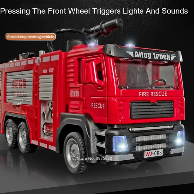 1/32 Fire Engine Car Toy Model with Sound Light Ladder Fire Truck Wheel Pull Back Sprinkler Rescue Vehicle Boys Decoration Gifts 4