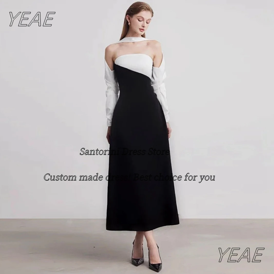 

Santorini Contrast Color Prom Dresses 2024 Strapless Long Sleeves Haute Couture Evening Gowns Ankle Length Birthday Party Dress
