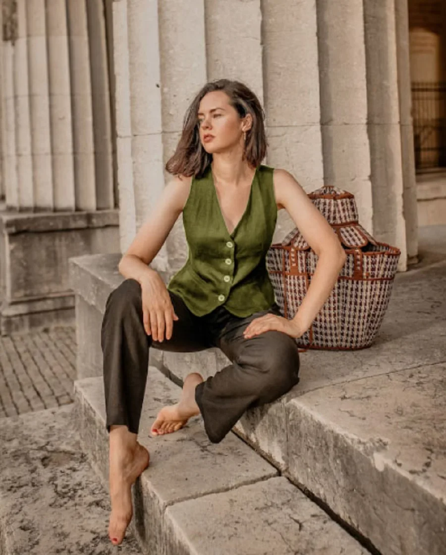 Women's Linen Vest Summer Knit Vest for Women Fashion 2024 Single Breasted Sleeveless Retro and Elegant Youthful Woman Clothes