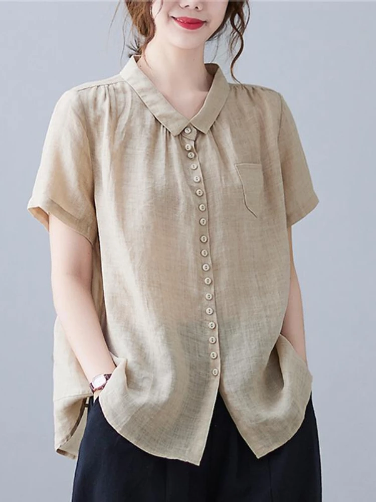 

Женская Повседневная рубашка с лацканами, элегантная однотонная свободная однобортная блузка с воротником, лето 2023