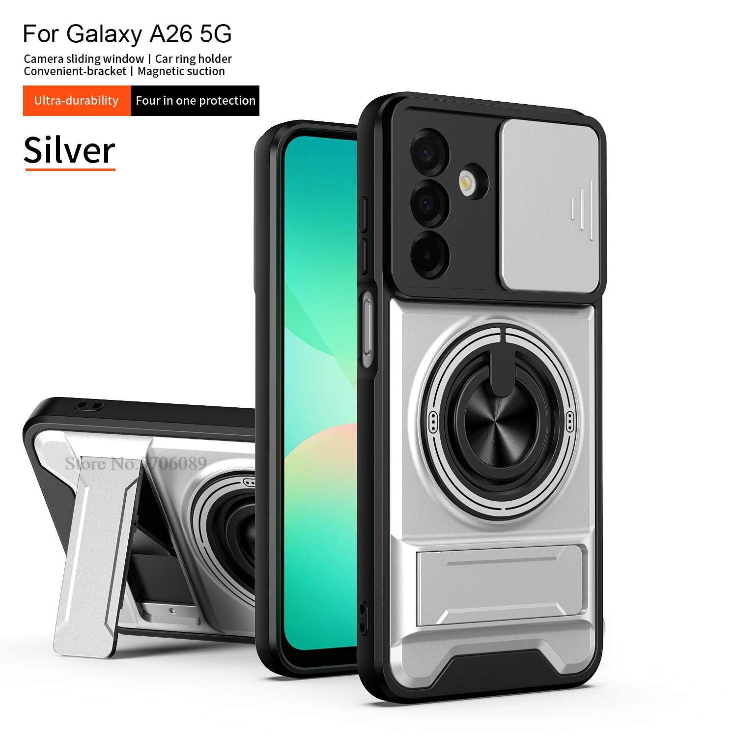 Rugged Shockproof Phone Case with Slide Lens Protector and Ring Holder