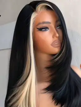 Highlight White Bone Straight 13x4 HD Transparent Lace Front Wig Black and White Glueless Human Hair for Women 200% Density 1
