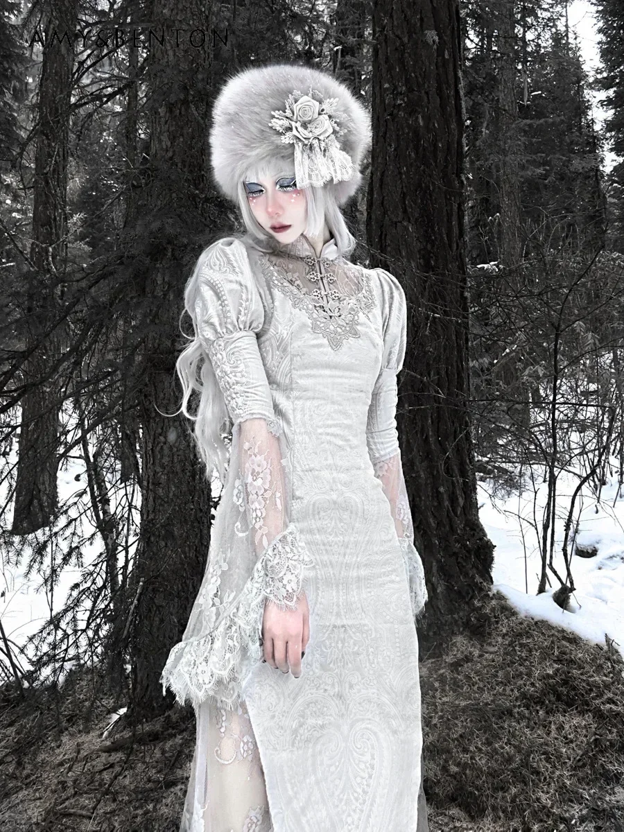 Gothic Lace Jacquard Velvet Fishtail Cheongsam Dress Subculture