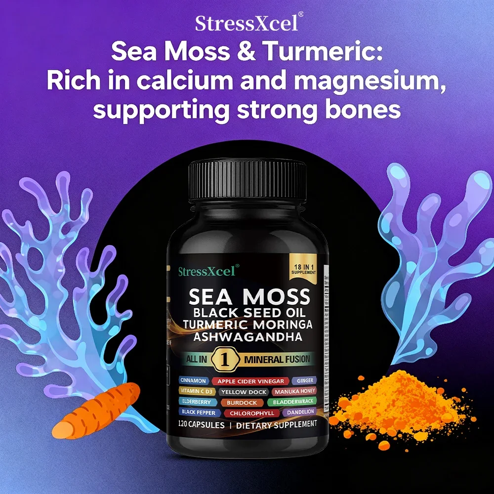 Sea Moss Black Seed Oil Ashwagandha Ginger Capsule Supplement with Turmeric Vitamin C Vitamin D3 Enhanced Immunity & Energy