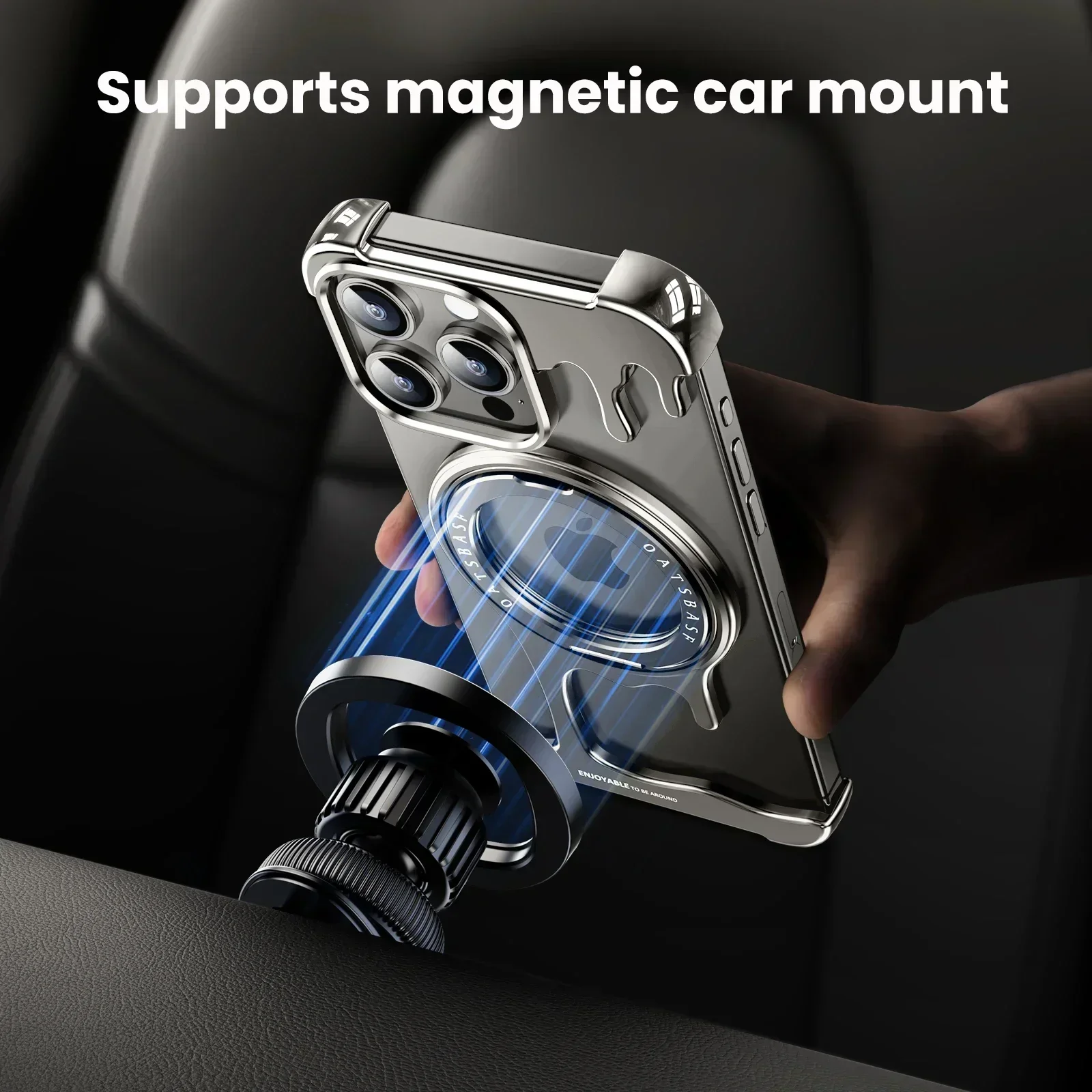 Eary Frameless Metal Bumper Case for iPhone 16/15/14/13 Pro Max with MagSafe 360°Rotatable Magnetic Kickstand Shockproof Cover