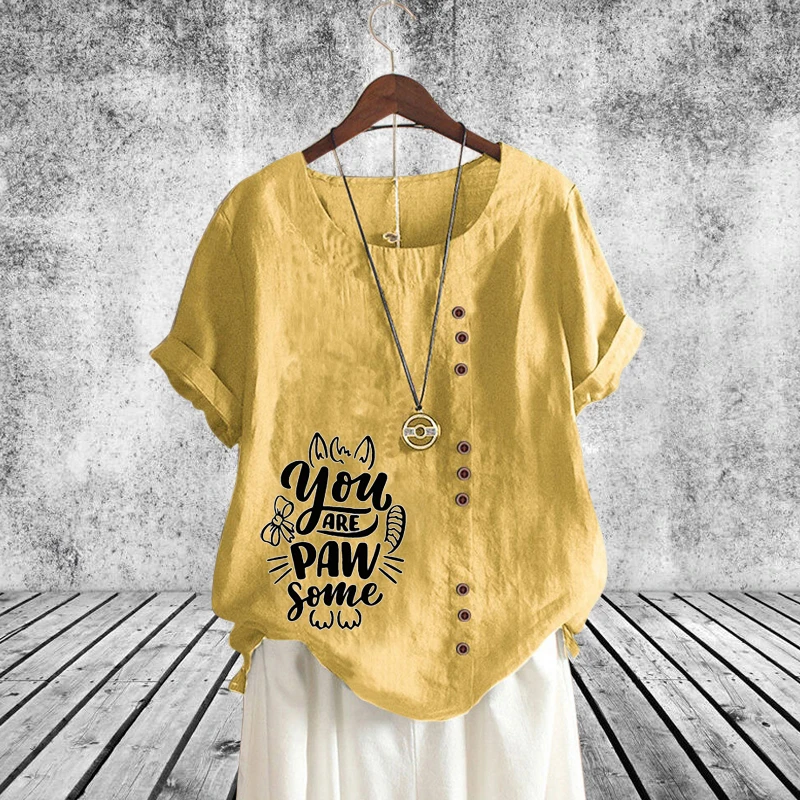

2022 New Summer Ladies Peasonality Letter Printed Loose T-Shirt Vintage Linen Round Neck Solid Color Short Sleeve Top XS-5XL
