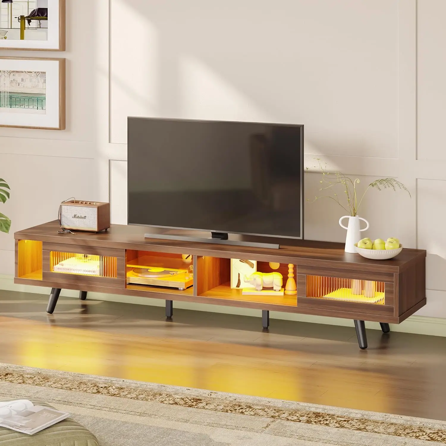 

Bestier Mid Century Modern TV Stand for 75 inch TV, LED Entertainment Center with Storage and Sliding Doors