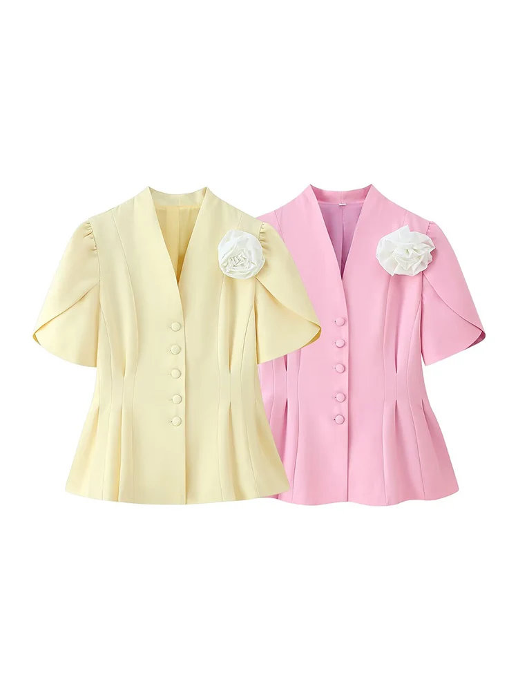 2025 Elegant Slim Ruffles 3D Flower Blazer Coat Women Summer Single Breasted Pleated Short Puff Sleeve Jacket Office