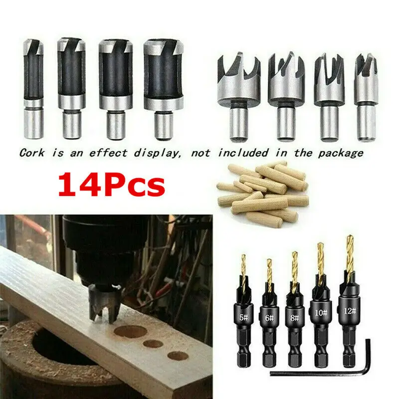

New 14pcs 3/8/1/2 Inch Countersink Drill Bit Wood Plug Cutter 1/4 Inch Hex Handle Replace Clean Accurate Burr-free Cutting