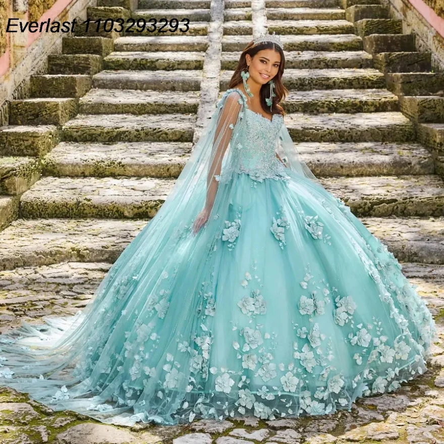 

EVLAST мятно-голубое платье Quinceanera бальное платье 3D Цветочная Кружевная аппликация с накидкой мексиканский корсет милое 16 Vestido 15 лет TQD192