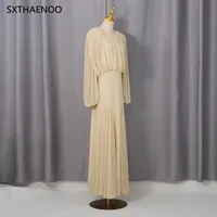 SXTHAENOO Yellow Dinner Loose Folds Maxi Dresses Women O Neck Shoulder Pud High Waist Temperament Dress Female Fashion Clothing - Image 5