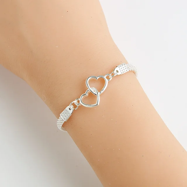 Bracelets de Couple en forme de cœur d'amour pour femmes et hommes, couleur argent, Double couche, chaîne assortie, bijoux cadeau pour amoureux, 1 pièces