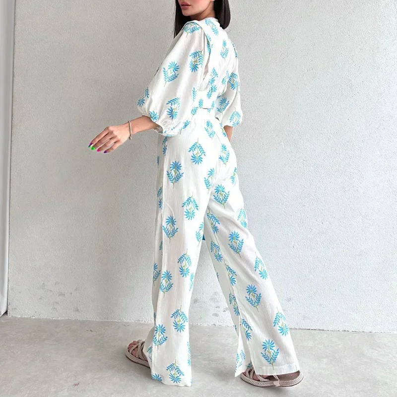 Casual V Neck Temperament Printed Bubble Sleeve Top Pants Spring Outfits Women 2024 Women's Two Piece Set