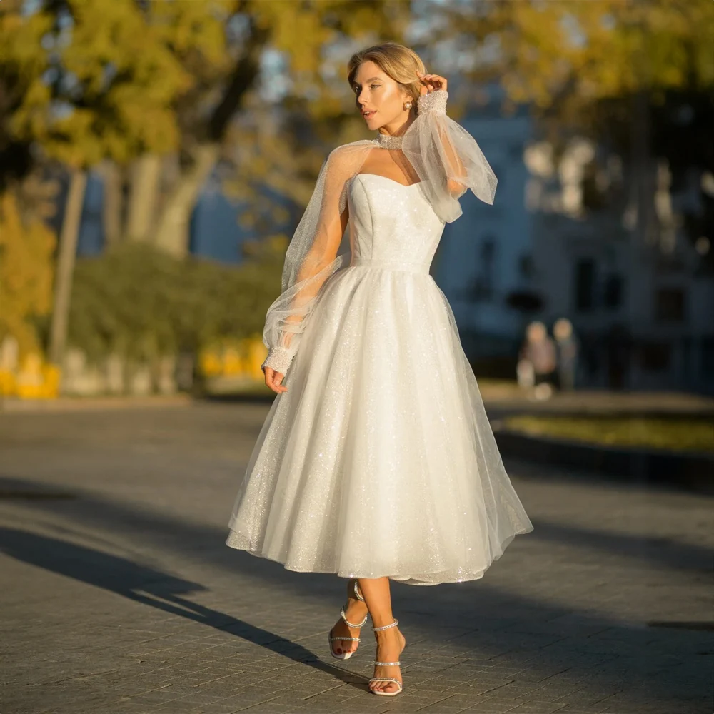 

Beaded Shiny Sequins Sweetheart Collar Tulle Wedding Dresses for Women A-line Puffy Wedding Gown with Detachable Long Sleeve