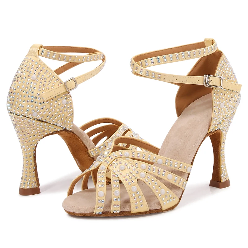 Latin Shoes Women's Salsa Tango Ballroom Party Dance Shoes Satin Rhinestones Yellow Girls High Heel Summer Sandals Sneakers