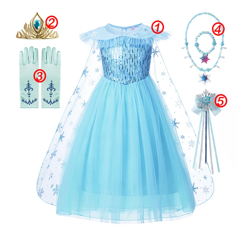 Elsa Princess Dress for Girls White Sequined Mesh Ball Gown Carnival Clothing Kids Cosplay Snow Queen Costume