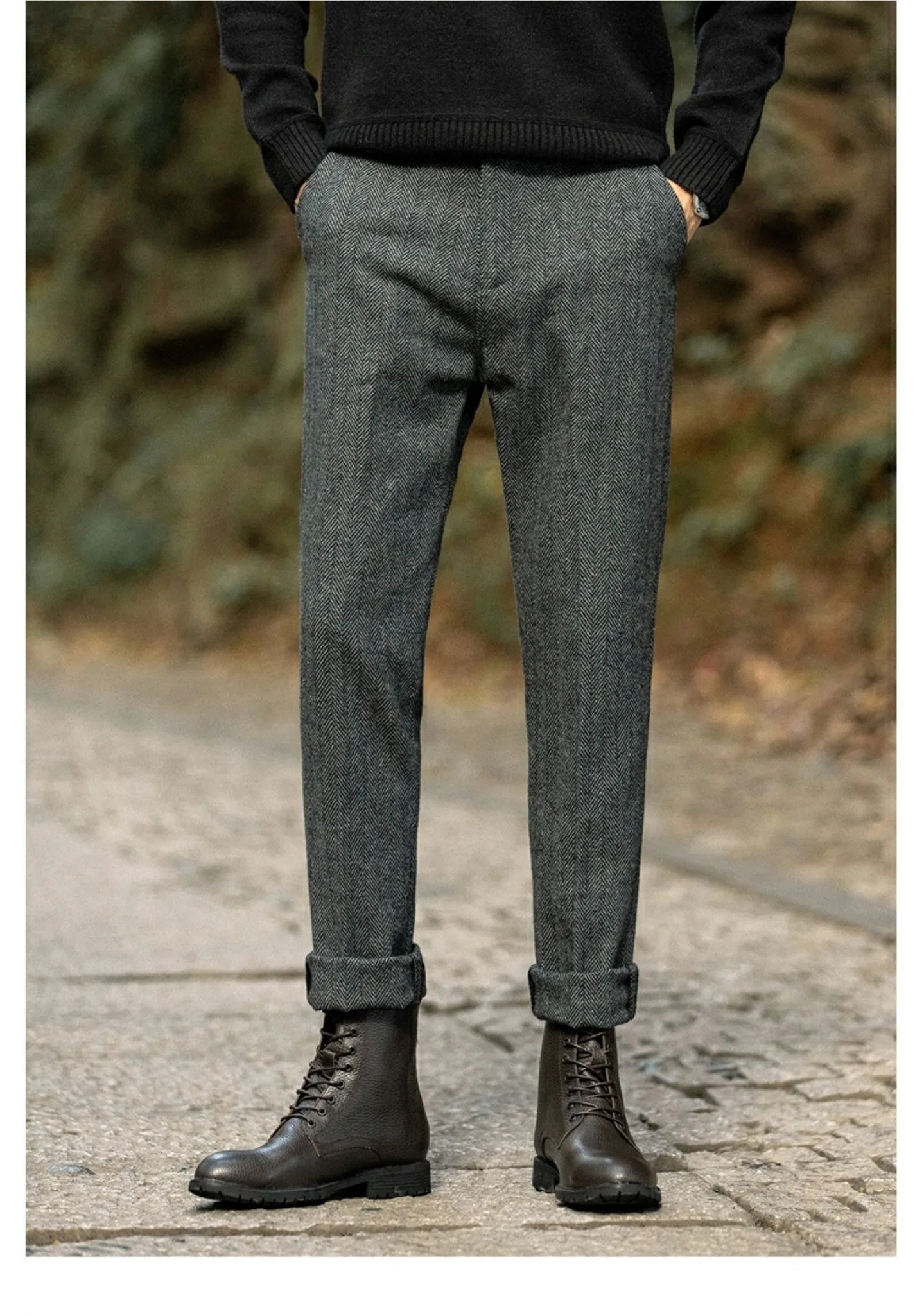 Herrenhose aus Wolle für Herbst und Winter, großes Fischgrätenmuster, britische Retro-amerikanische Freizeithose aus Haremwolle mit geradem Bein – Detail 11