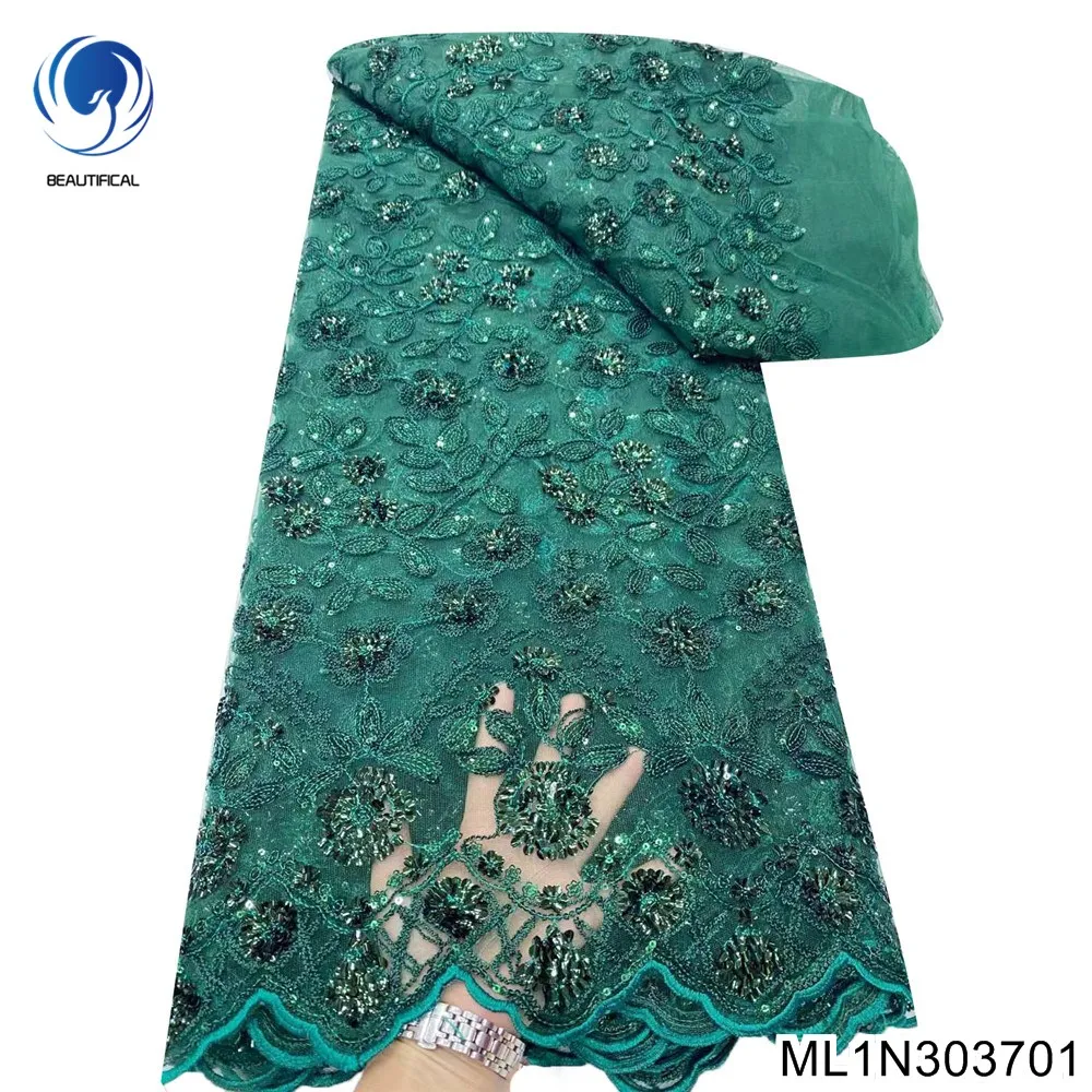 

Classic Quality Goods Embroidery Craft French Tulle Lace with African Sequins Lace Fabric for Evening Dress ML1N3037
