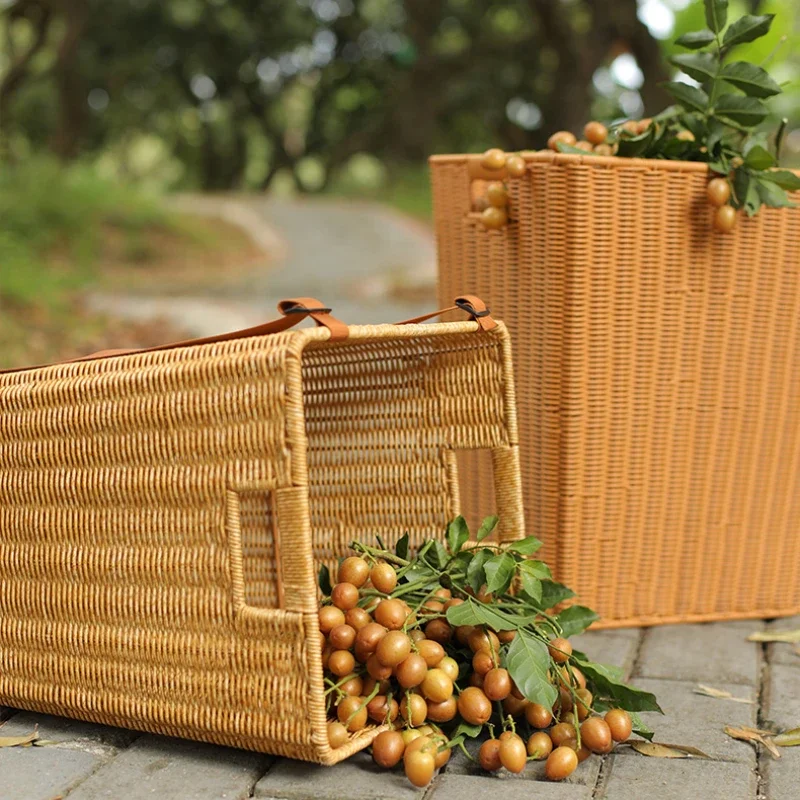 Large Storage Basket Imitation Rattan Vegetable Organizer Tea Picking Market Gathering Backpack Shoulder Strap Storage Bucket 5
