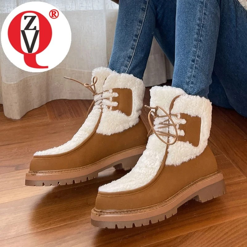 

ZVQ Winter Fashion Snow Boots Woman Round Toe Low Heel Shoes New Style Cross Tied Leather Upper Punk Style Warm Plush Booties