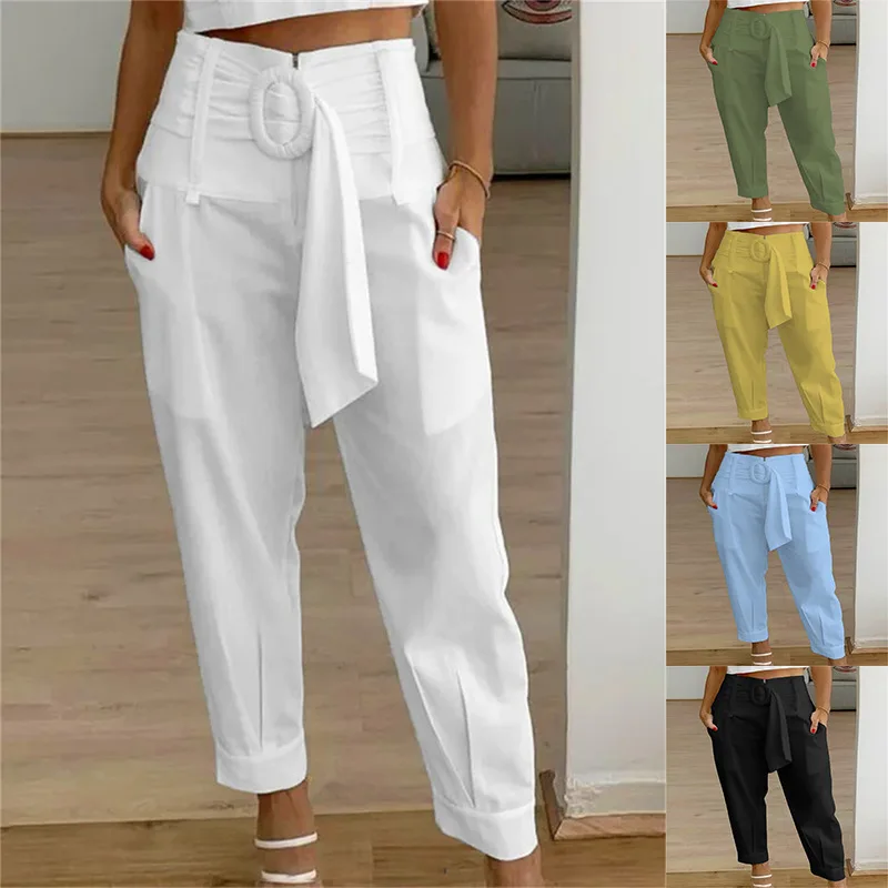 2023 Summer new Zippered high waisted pocket cropped pants casual Solid color Three-dimensional decoration Straight Trousers