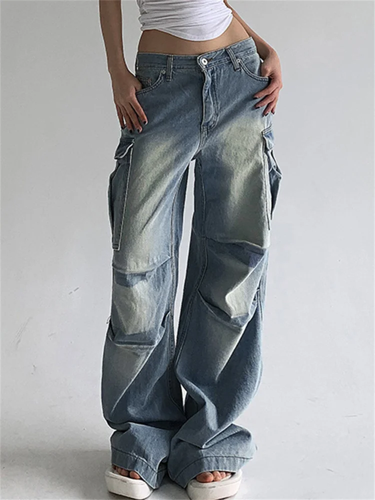 

Street Style Vintage Wash Pocket Patchwork Jeans for Women's 2023 Autumn Loose Straight Leg Pants New Long Pants Y2k Japan Emo