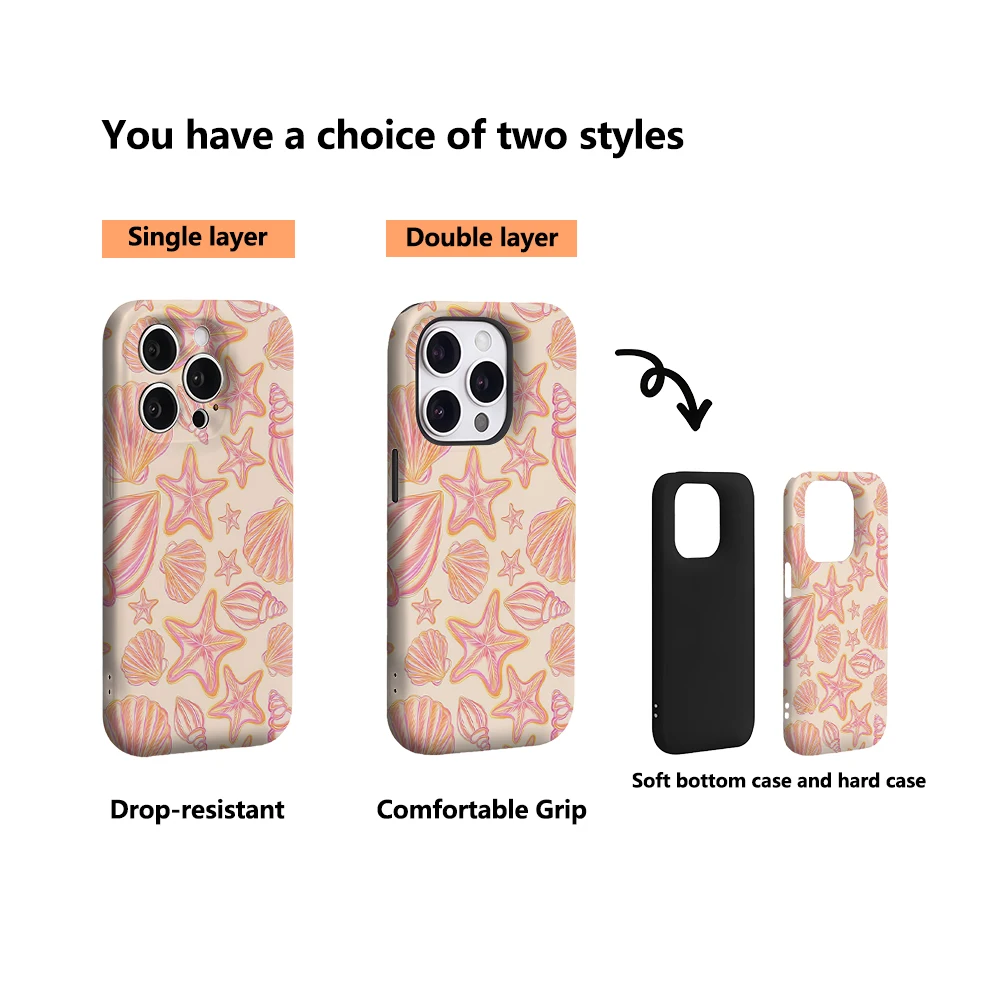 Luxury Double-Layer Phone Case with Pastel Sea Shells and Starfish Design