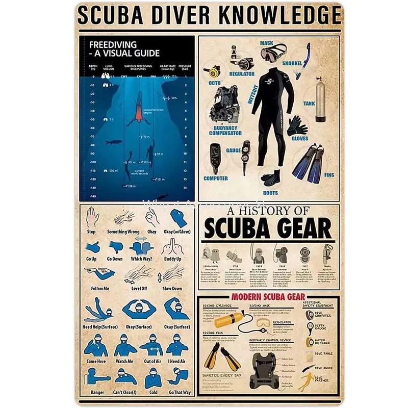 Scuba Diver Knowledge Metal Signs Dive Club Wall Decor Dive Gear Segnali A Mano Poster Infografica Per La Raccolta Della Stanza Di Casa