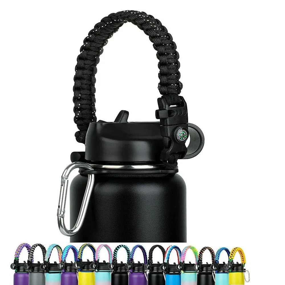 

Paracord Water Bottle Handle Fits Wide Mouth Bottles 12oz to 64oz Durable Paracord Carrier Strap Cord with Safety Ring,Compass